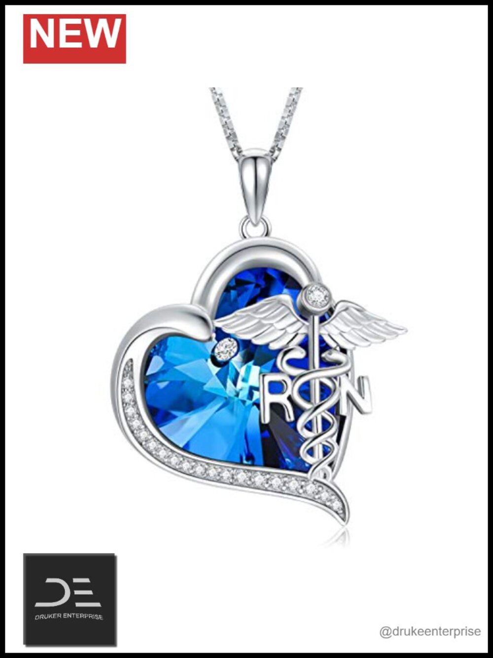 925 Sterling Silver Nurse Necklace Blue Crystal Heart Angel Wing Pendant